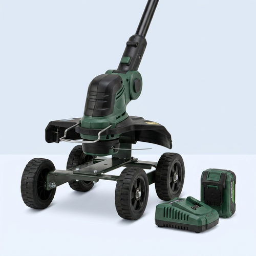 Wheeled weed wacker with battery and charger