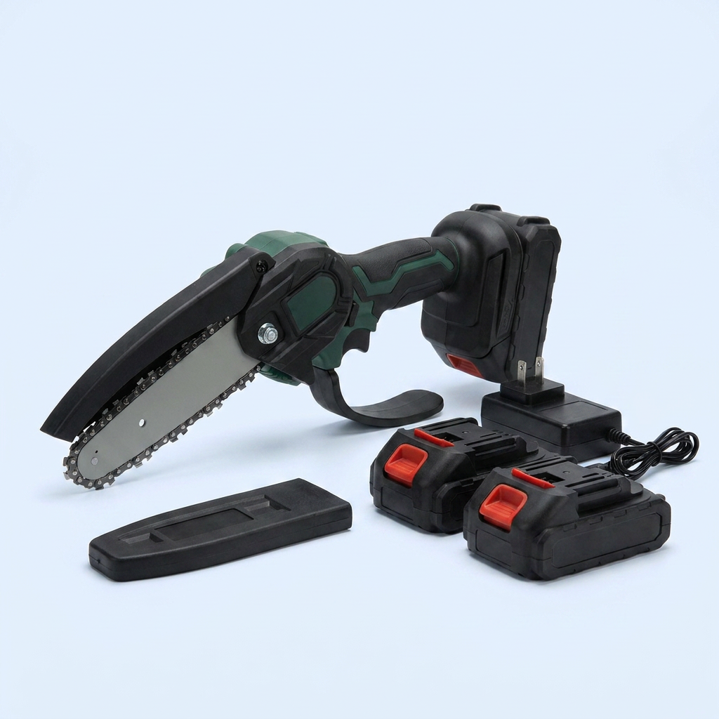 Cordless mini chainsaw with batteries, charger and guard