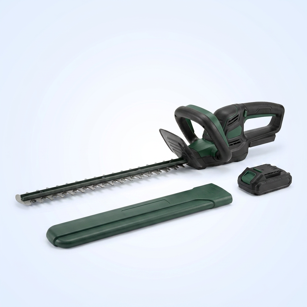Cordless hedge trimmer with battery and blade cover
