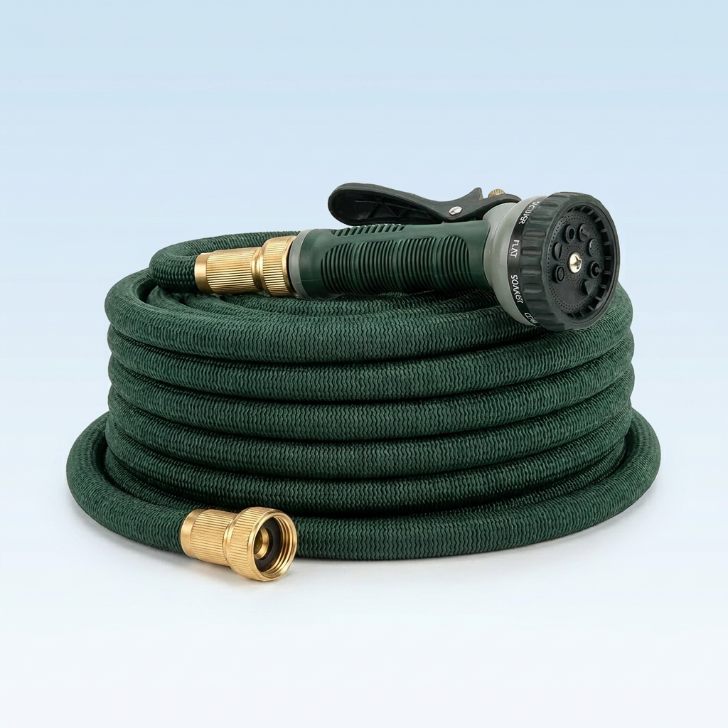 Expandable garden hose with nozzle and fittings