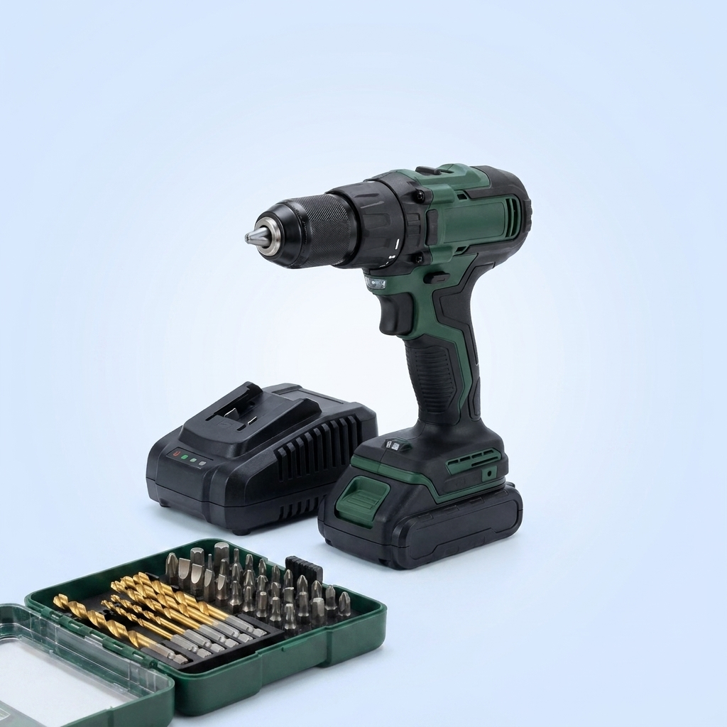 Cordless drill with battery, charger and bit set