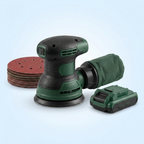 Cordless random orbital sander with sanding discs and battery