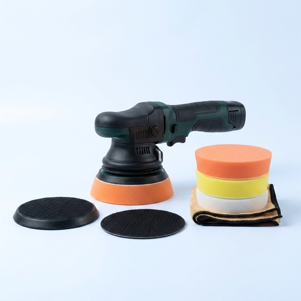 Cordless car polisher with backing plates and foam pads