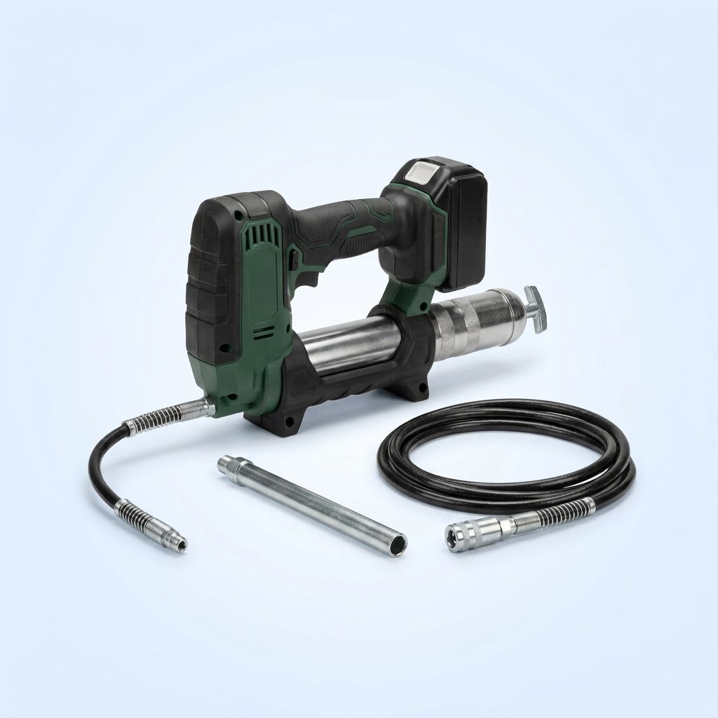 Cordless grease gun with hose, extension and battery