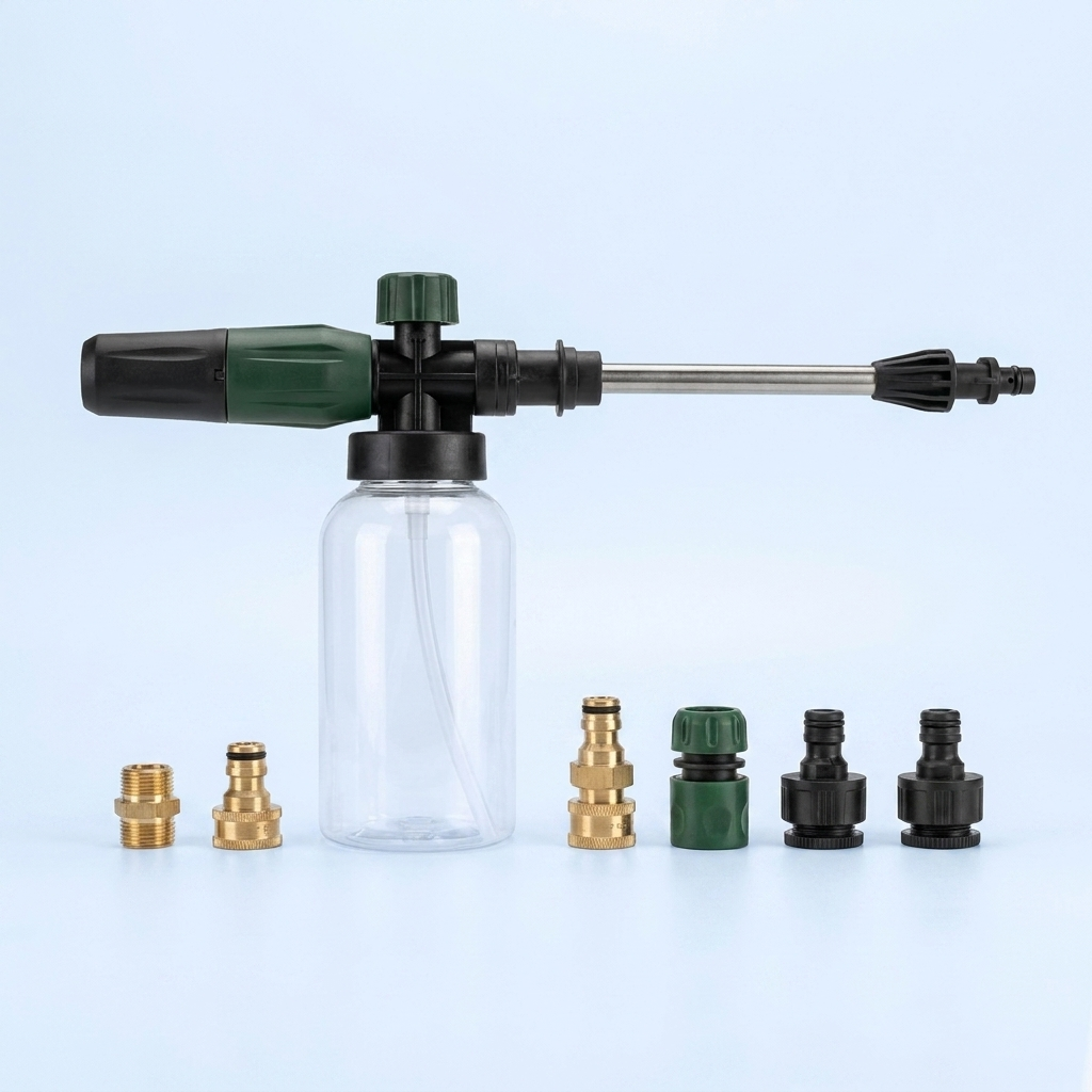 Foam cannon with soap bottle and quick-connect adapters