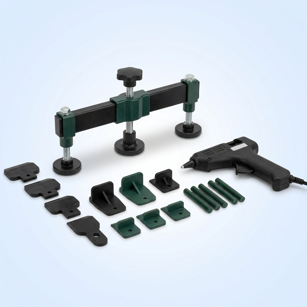 Paintless dent puller kit with tabs, glue and puller