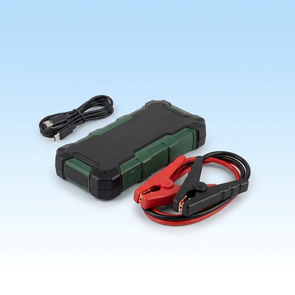 Portable jump starter with clamps and USB cables