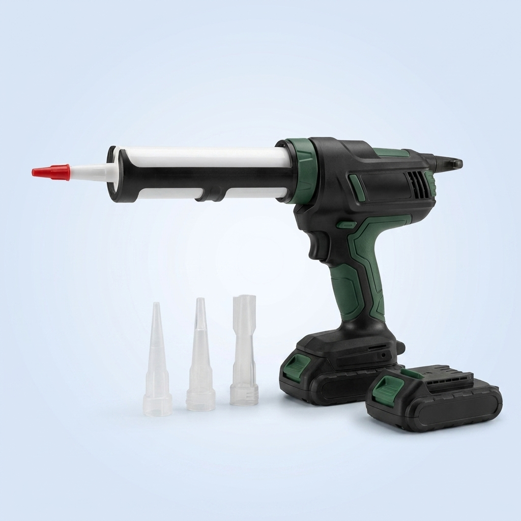 Cordless caulking gun with tube, nozzles and battery