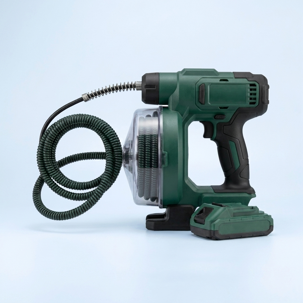 Cordless drain auger with coiled cable and battery