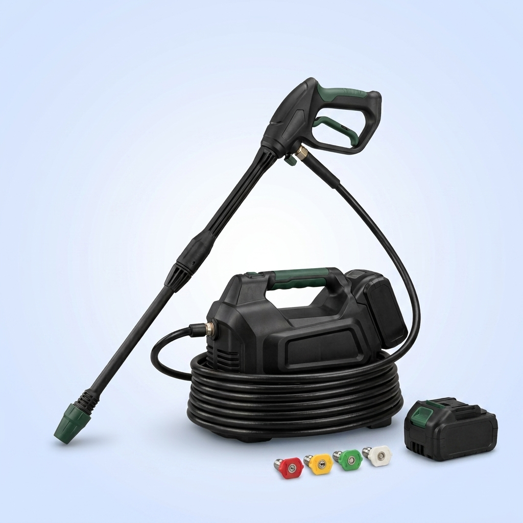 Cordless power washer with wand, nozzles and battery