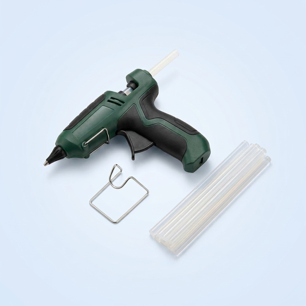 Cordless hot glue gun with glue sticks and stand