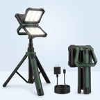 Foldable LED work light shown folded and unfolded