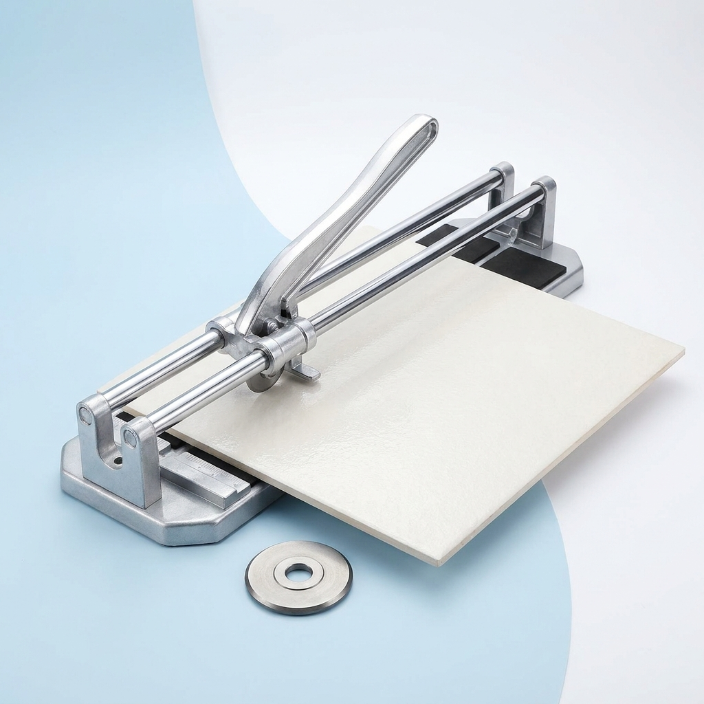 Manual tile cutter with a ceramic tile and scoring wheel