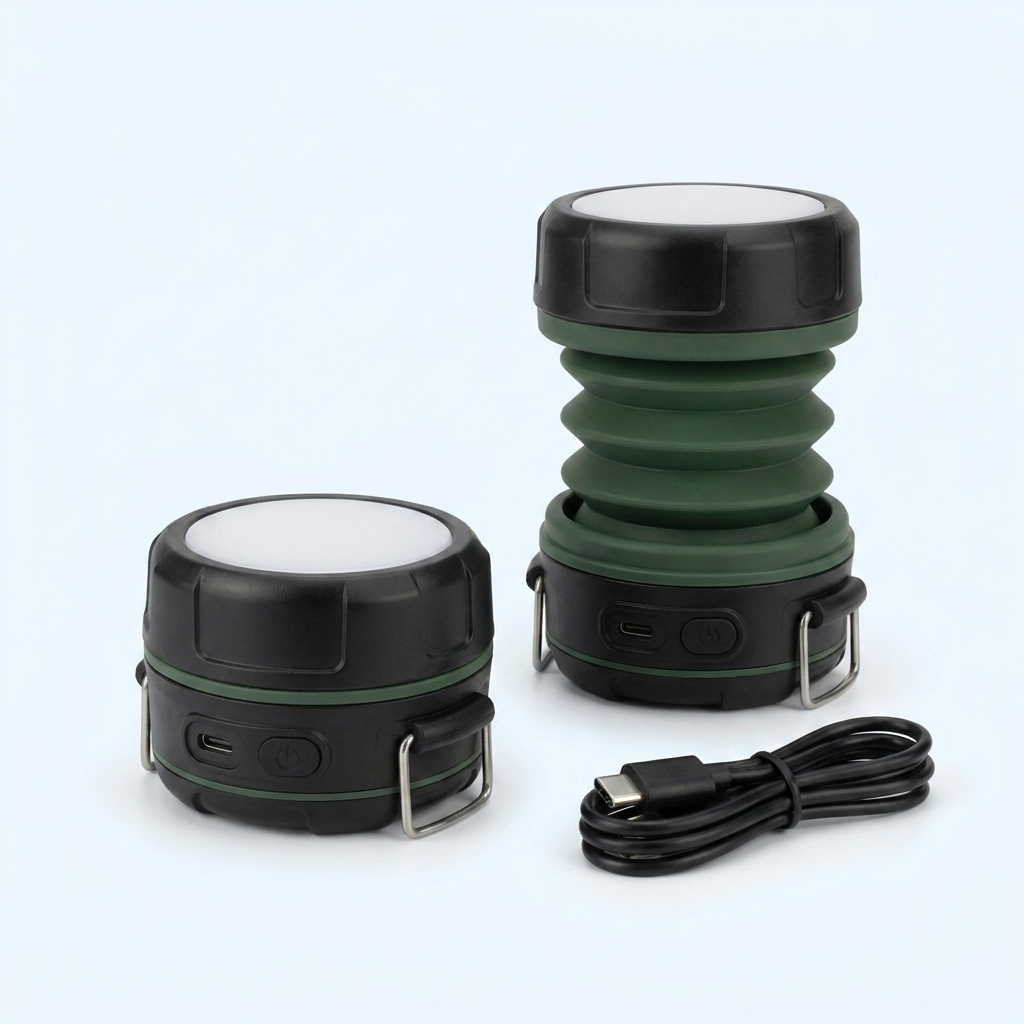 LED lantern shown collapsed and expanded with USB cable