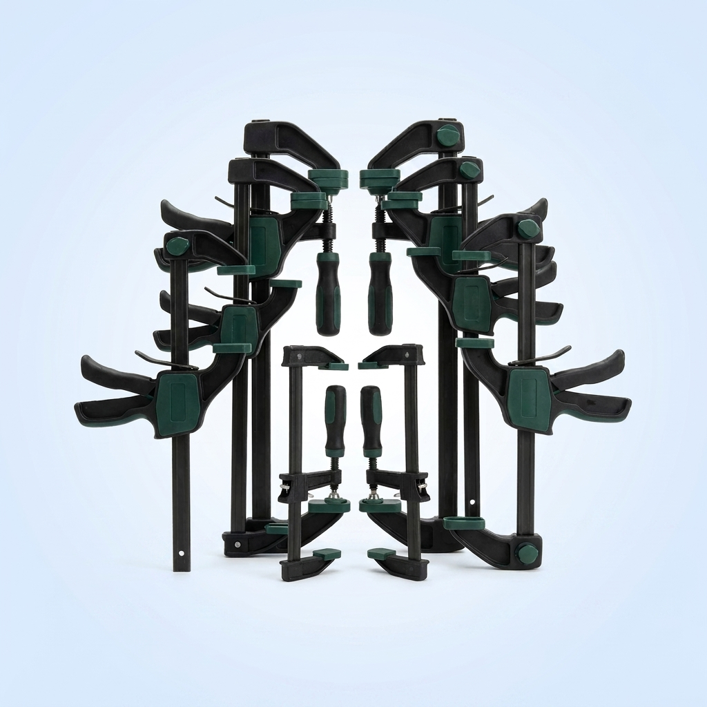 Six quick-grip bar clamps of assorted sizes fanned out