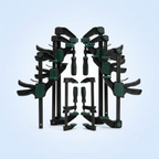 Six quick-grip bar clamps of assorted sizes fanned out