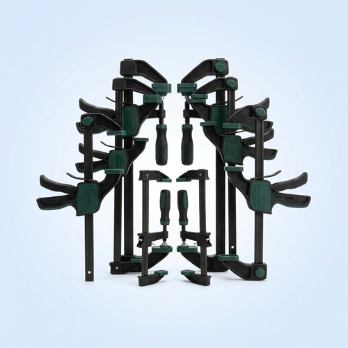 Six quick-grip bar clamps of assorted sizes fanned out