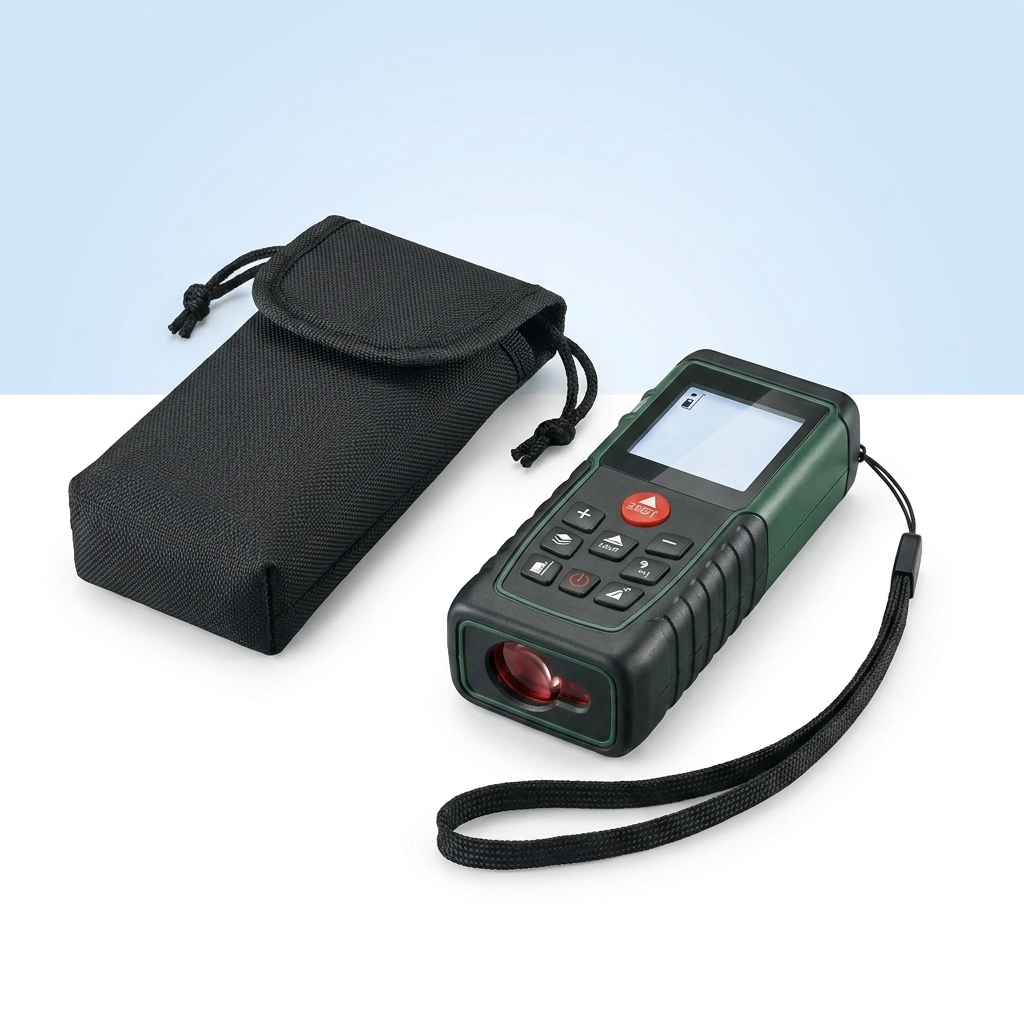 Handheld digital laser measure with wrist strap and pouch