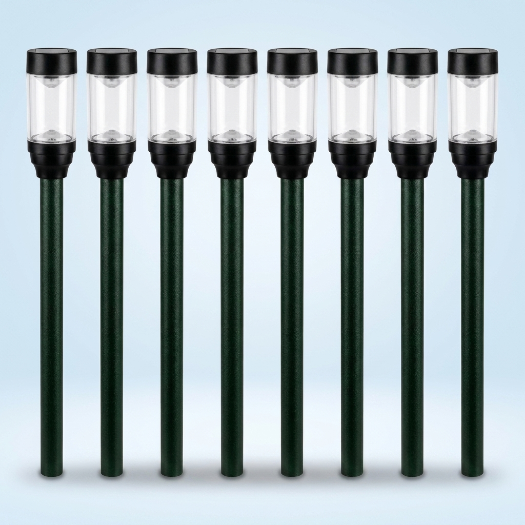 Eight solar pathway lights with stakes arranged