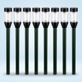 Eight solar pathway lights with stakes arranged