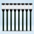 Eight solar pathway lights with stakes arranged