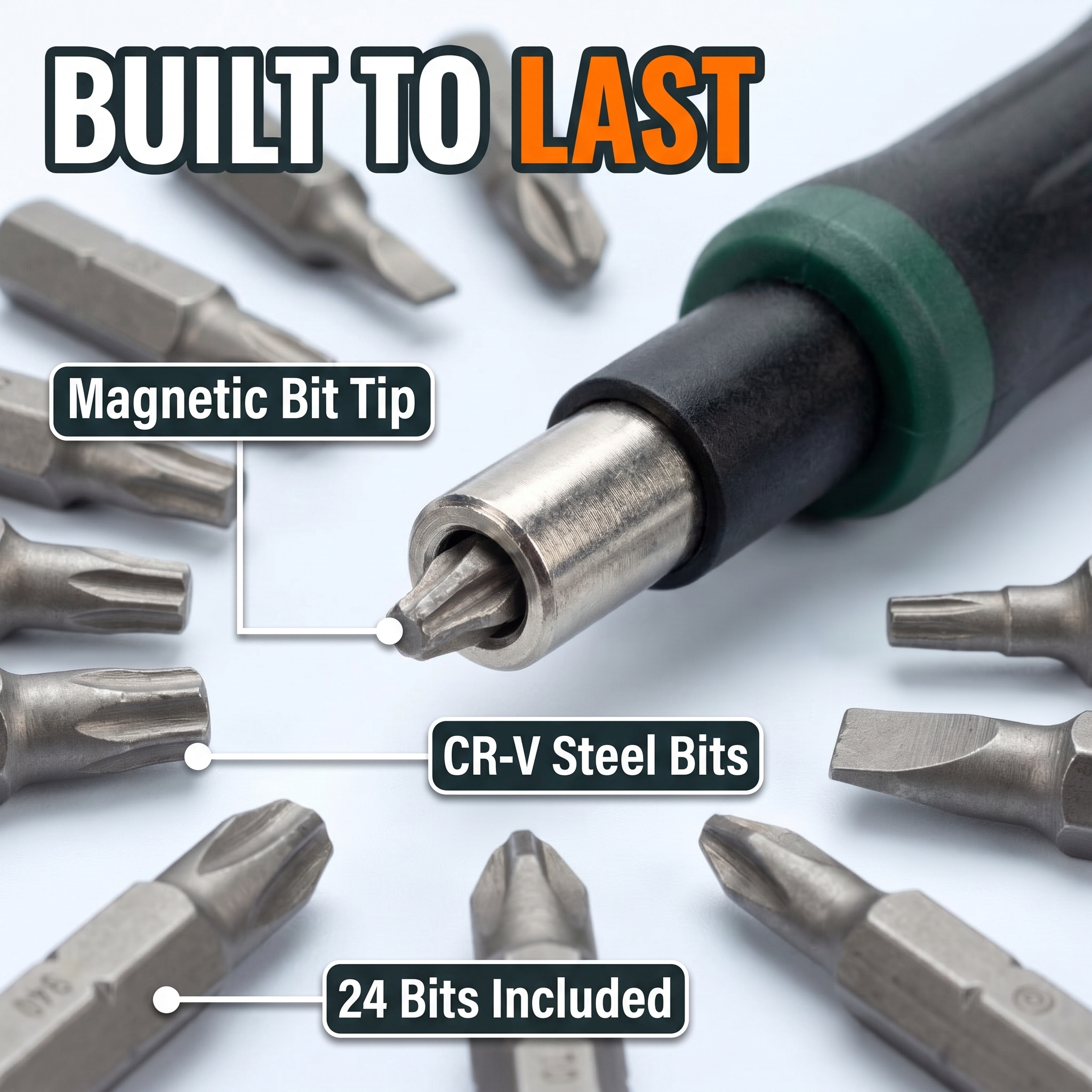 Built to last: magnetic bit tip, CR-V steel bits, 24 bits included