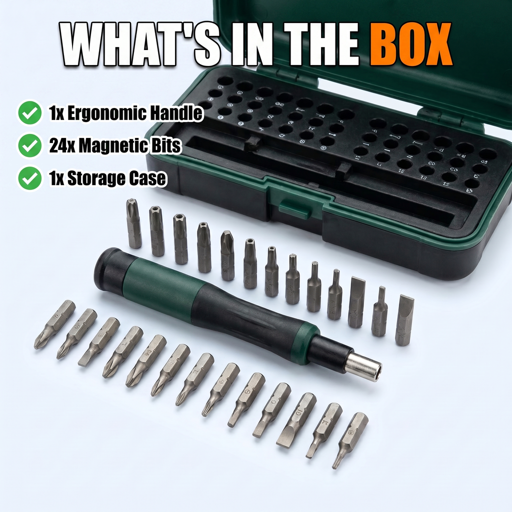 What's in the box: ergonomic handle, 24 magnetic bits, storage case