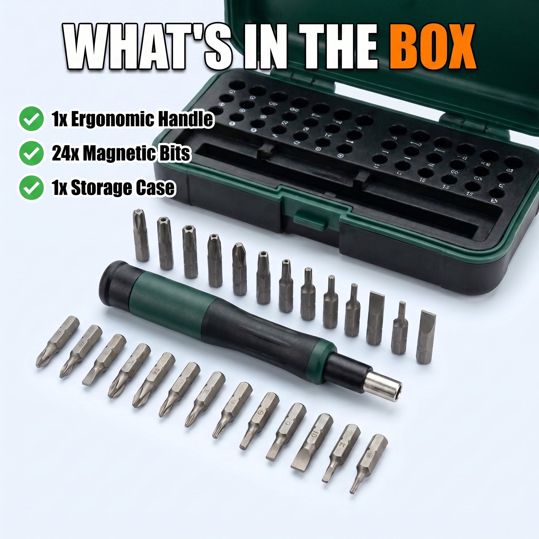 What's in the box: ergonomic handle, 24 magnetic bits, storage case
