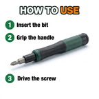How to use: insert the bit, grip the handle, drive the screw