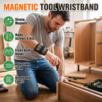 Magnetic tool wristband features: strong magnets, holds screws and bits, frees both hands