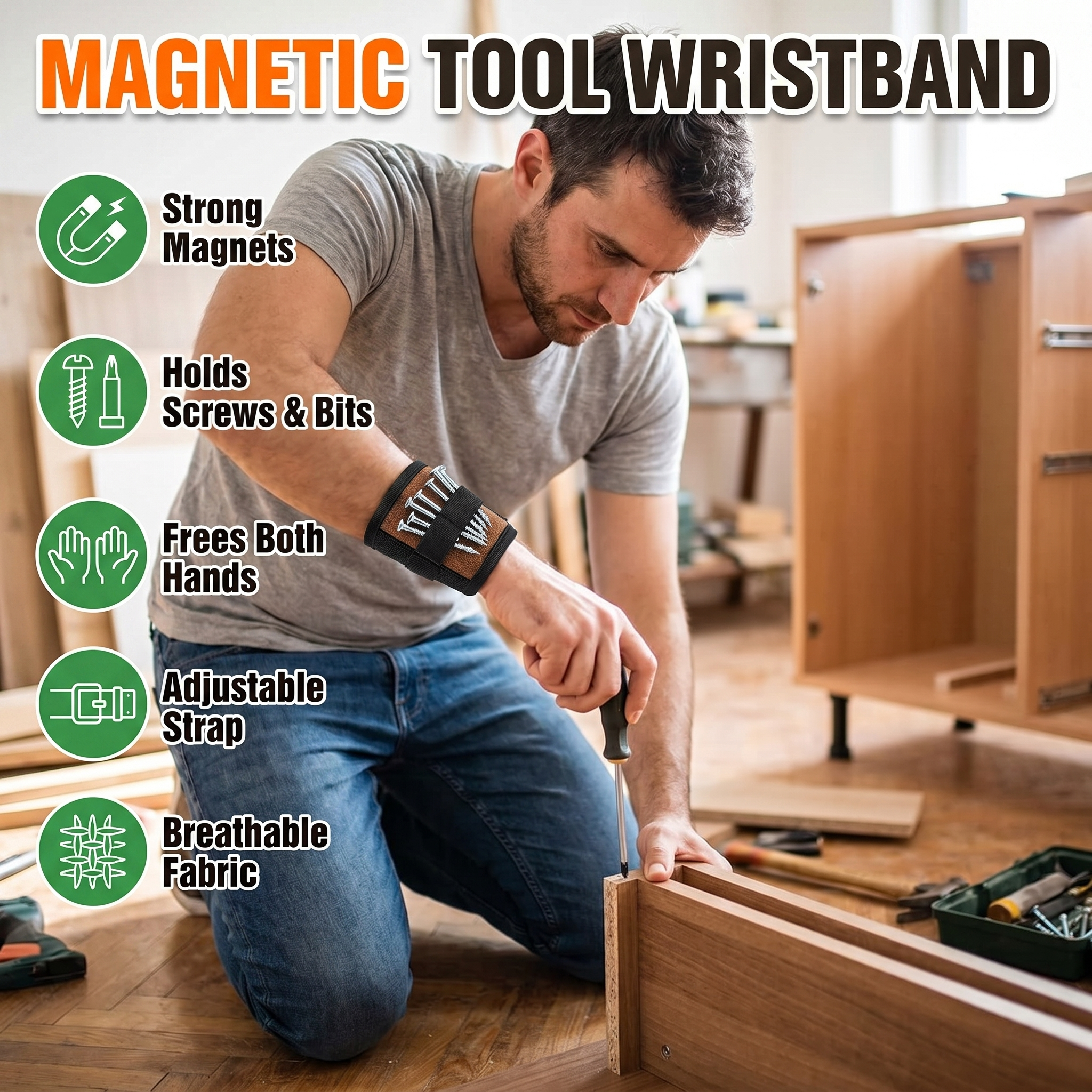 Magnetic tool wristband features: strong magnets, holds screws and bits, frees both hands