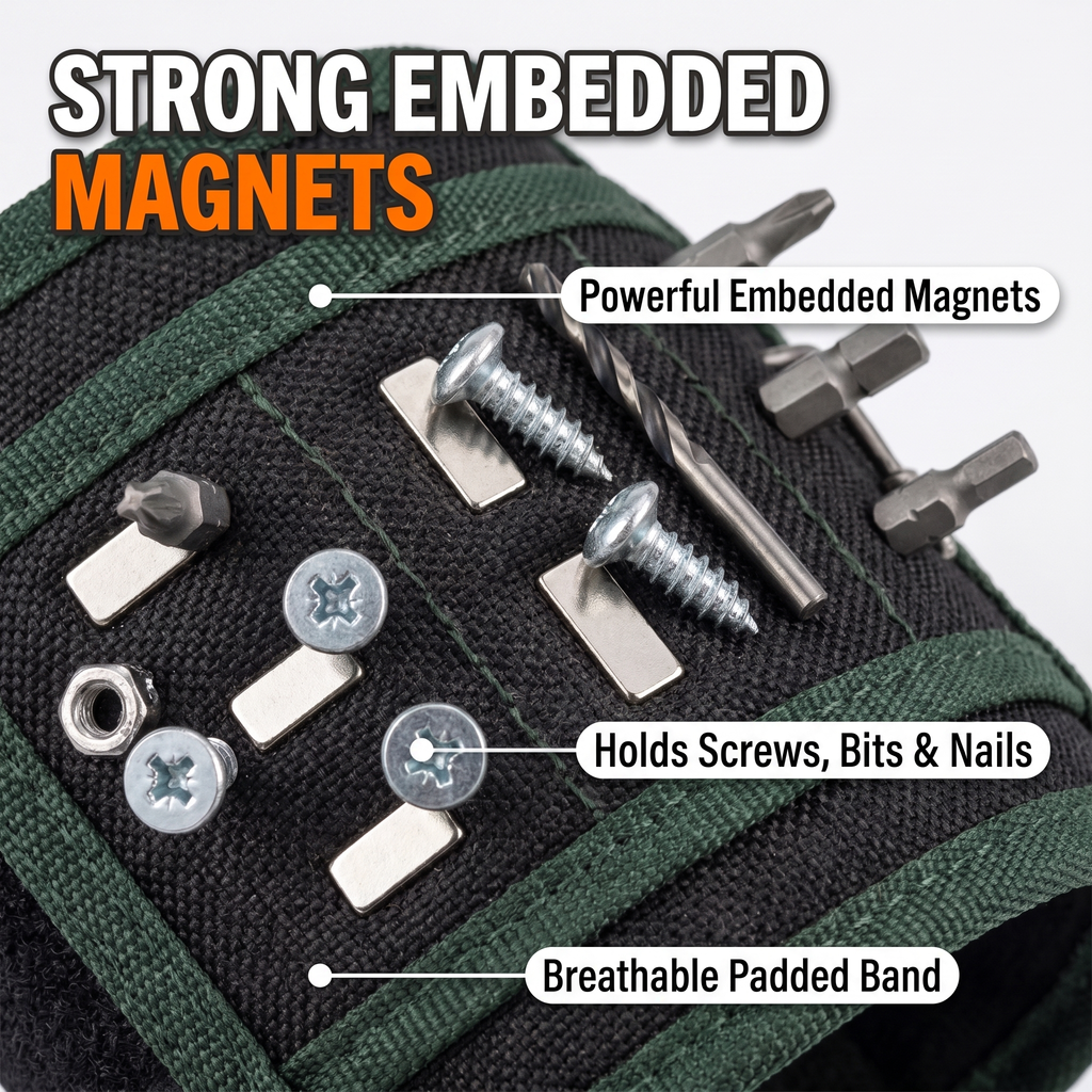 Strong embedded magnets hold screws, bits and nails; breathable padded band