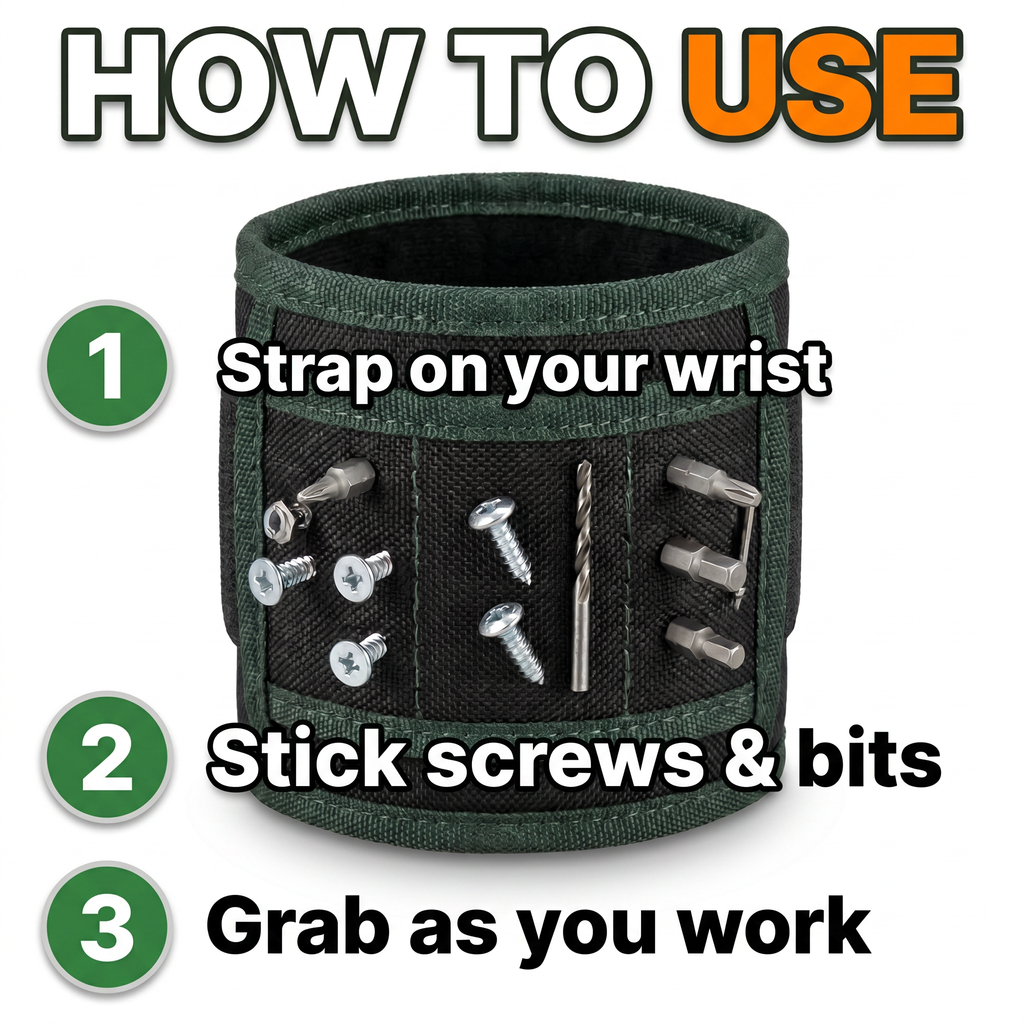 How to use: strap on your wrist, stick screws and bits, grab as you work