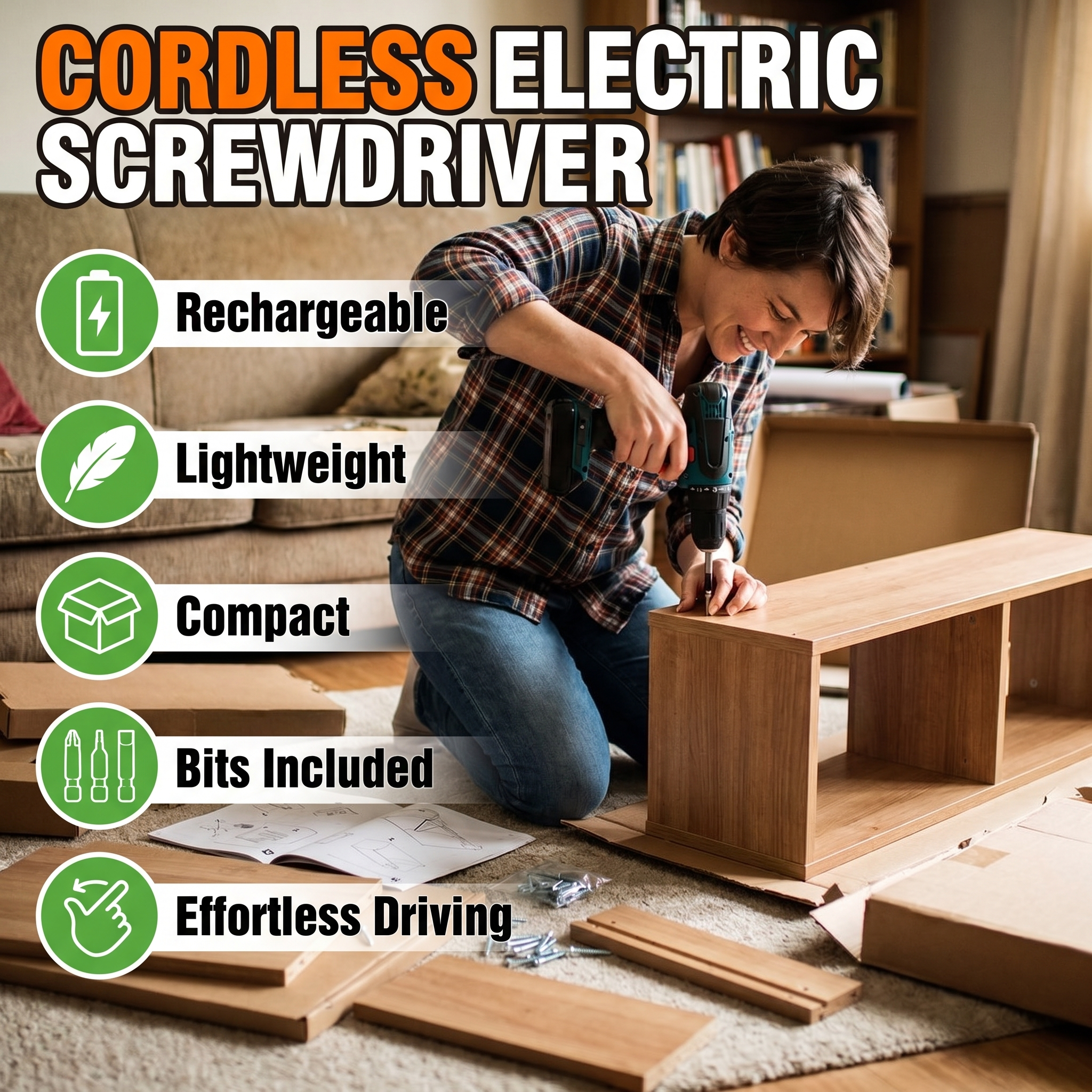 Cordless electric screwdriver: rechargeable, lightweight, compact, bits included, effortless driving