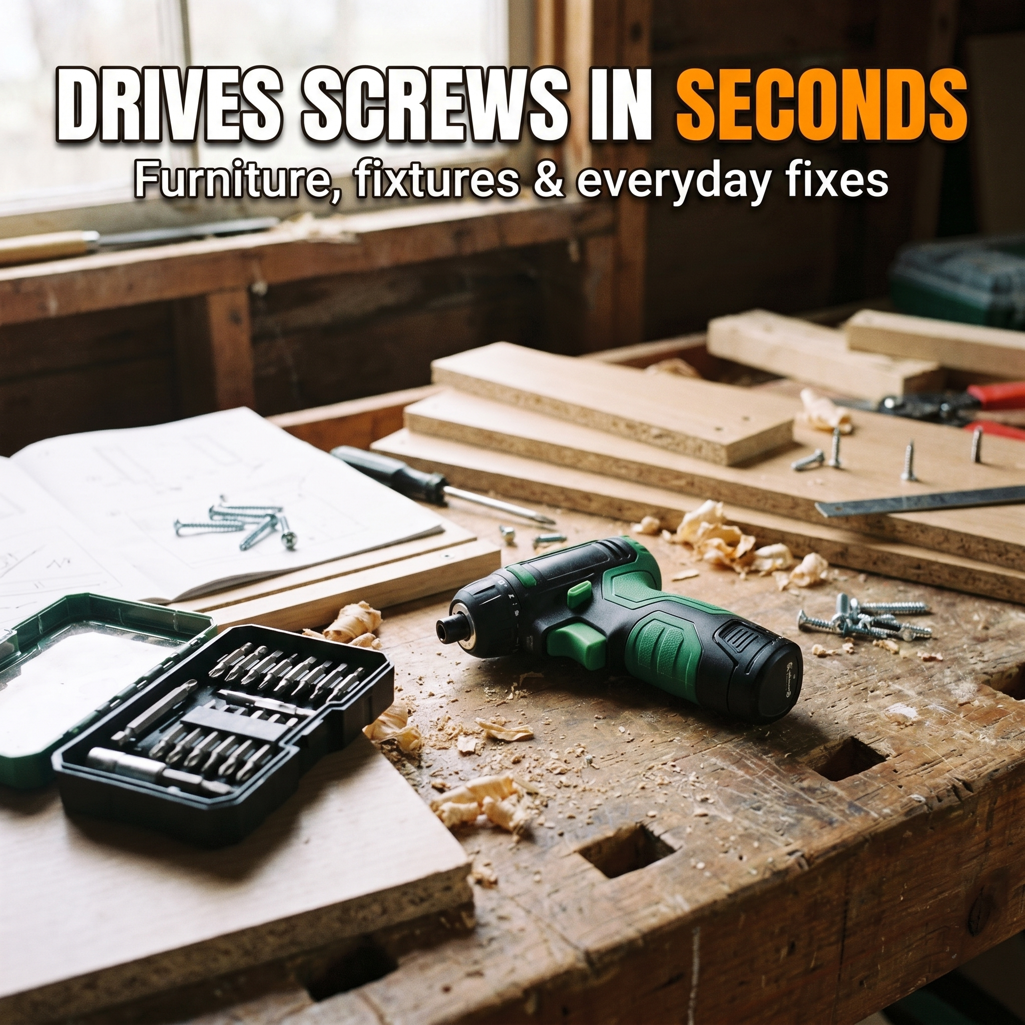 Drives screws in seconds for furniture, fixtures and everyday fixes