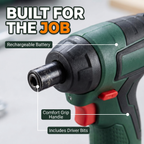 Built for the job: rechargeable battery, comfort grip handle, includes driver bits