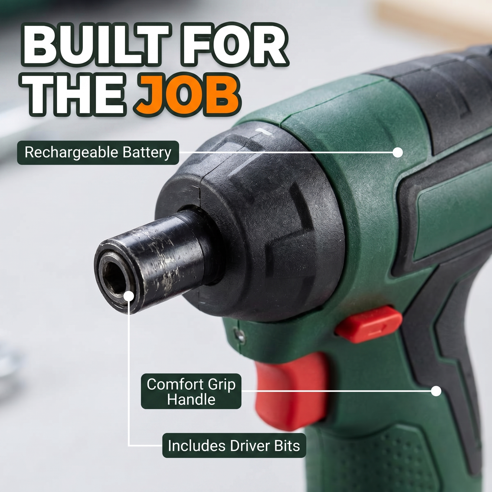 Built for the job: rechargeable battery, comfort grip handle, includes driver bits