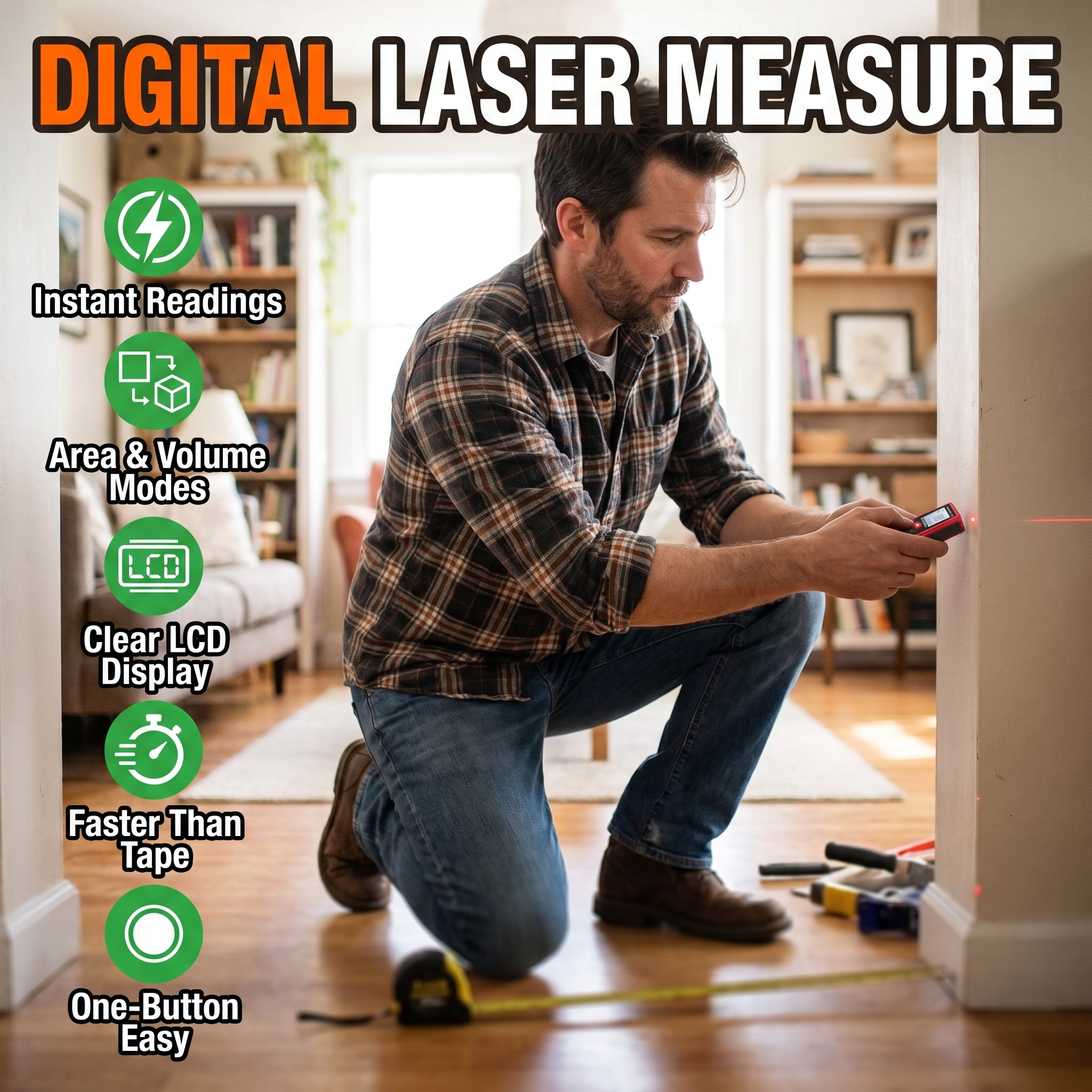 Digital laser measure: instant readings, area and volume modes, clear LCD, faster than tape