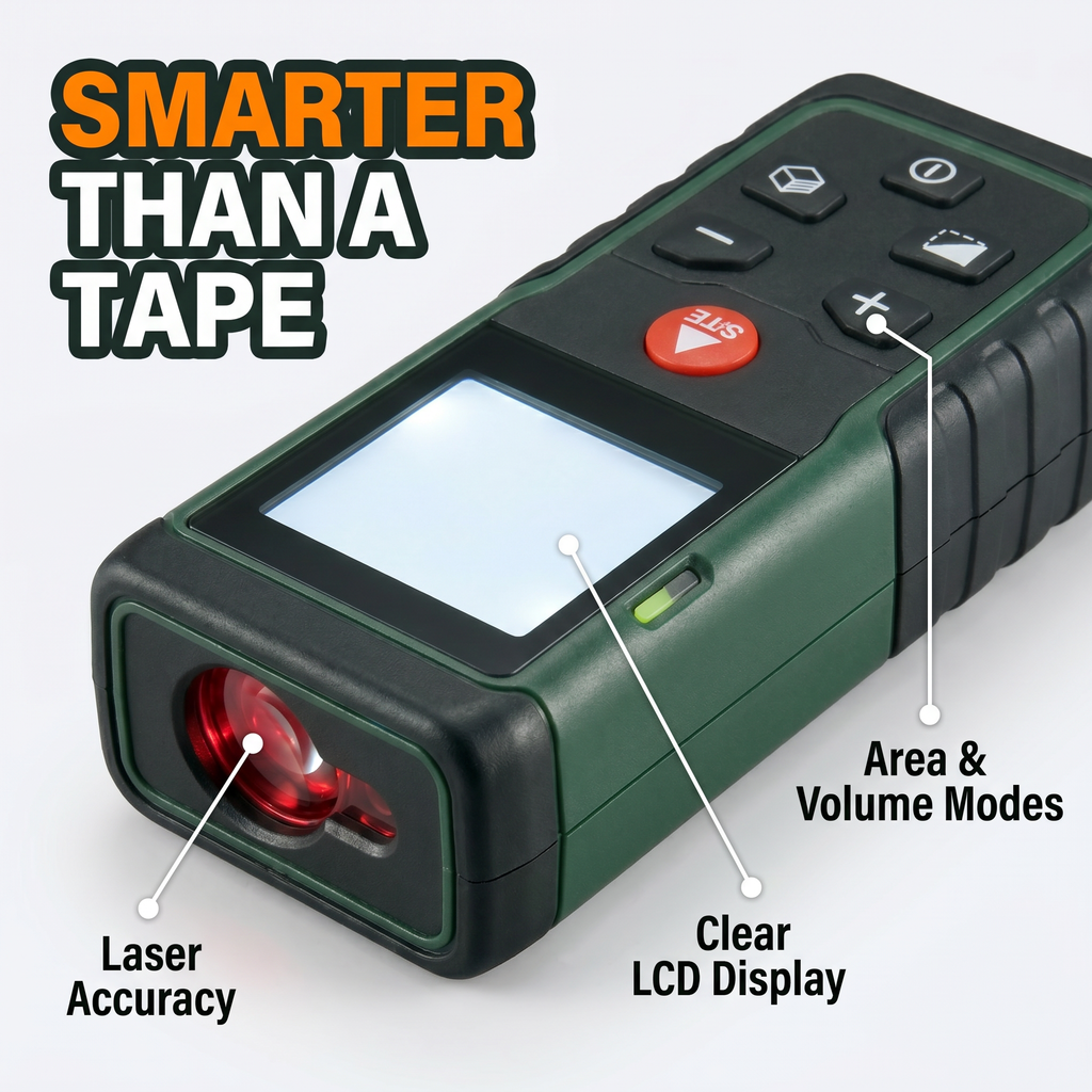 Smarter than a tape: laser accuracy, clear LCD display, area and volume modes