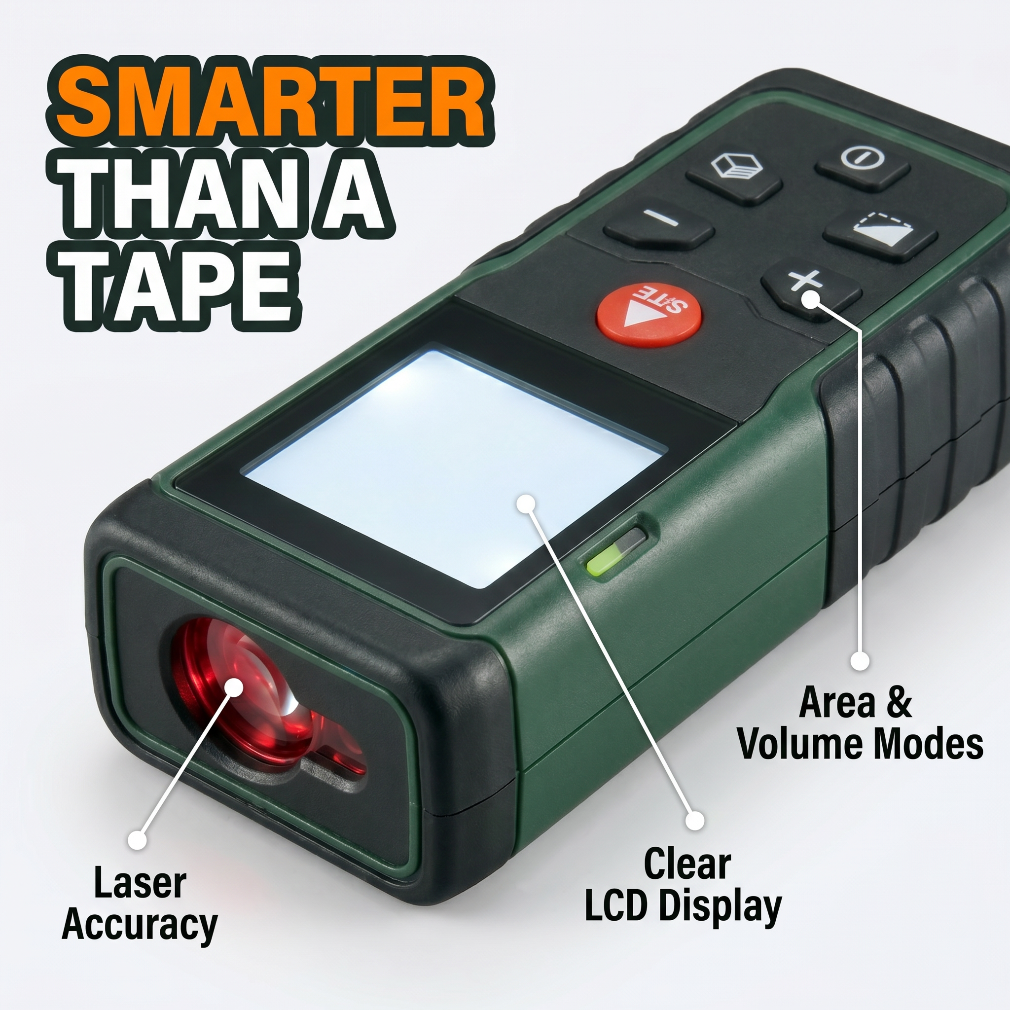 Smarter than a tape: laser accuracy, clear LCD display, area and volume modes