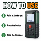 How to use: point at the target, press the button, read the distance