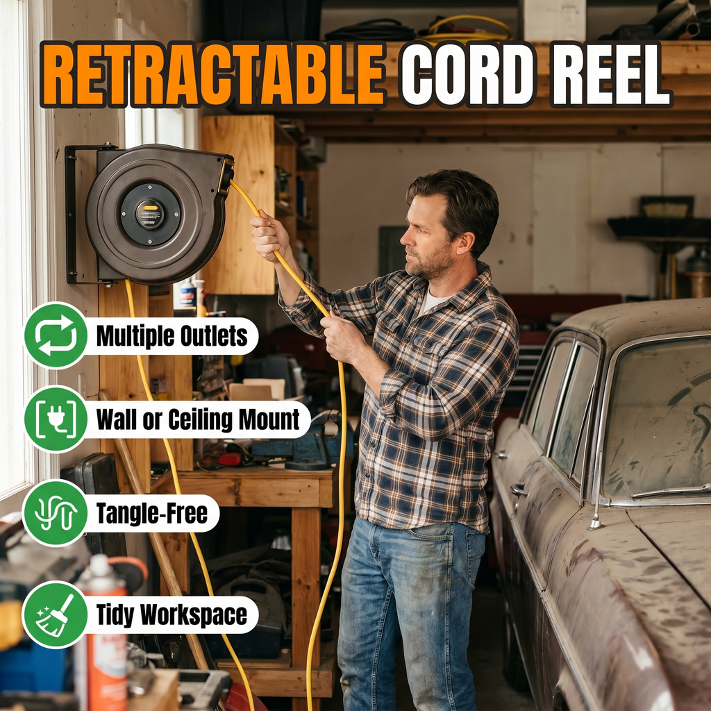 Retractable cord reel: auto-rewind, multiple outlets, wall or ceiling mount, tangle-free