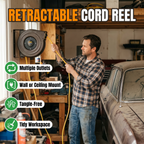 Retractable cord reel: auto-rewind, multiple outlets, wall or ceiling mount, tangle-free