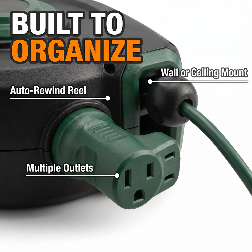 Built to organize: auto-rewind reel, multiple outlets, wall or ceiling mount