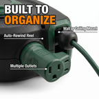 Built to organize: auto-rewind reel, multiple outlets, wall or ceiling mount