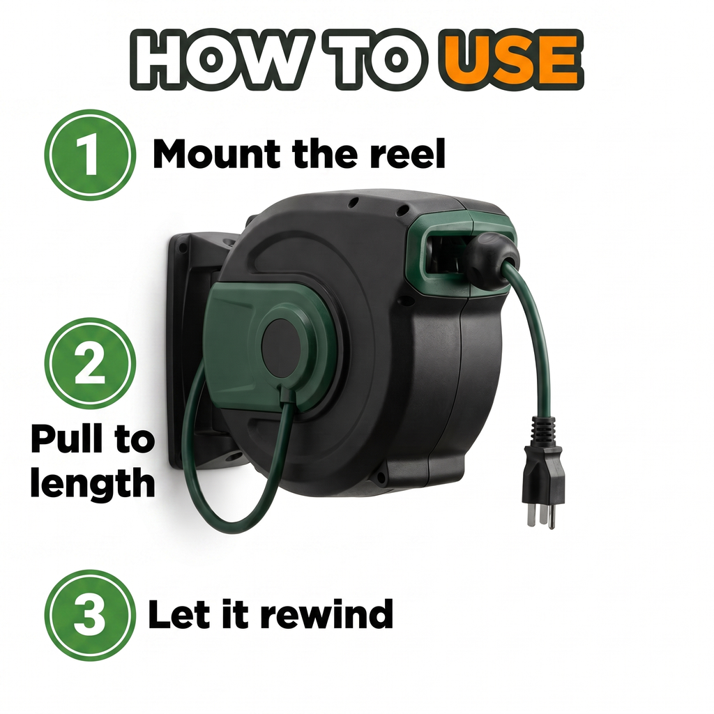 How to use: mount the reel, pull to length, let it rewind