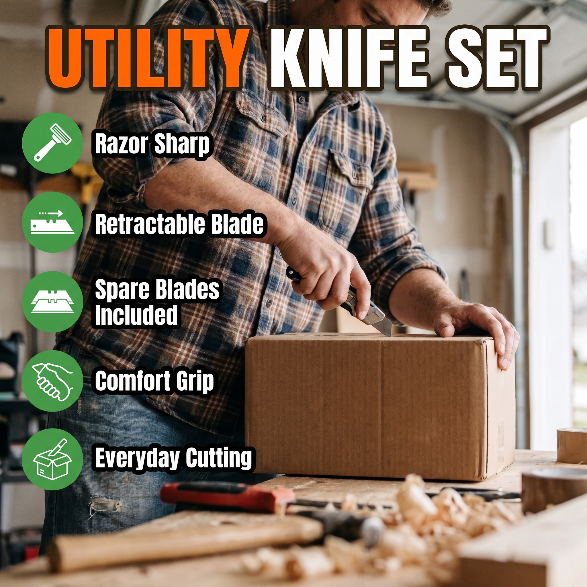 Utility knife set: razor sharp, retractable blade, spare blades included, comfort grip