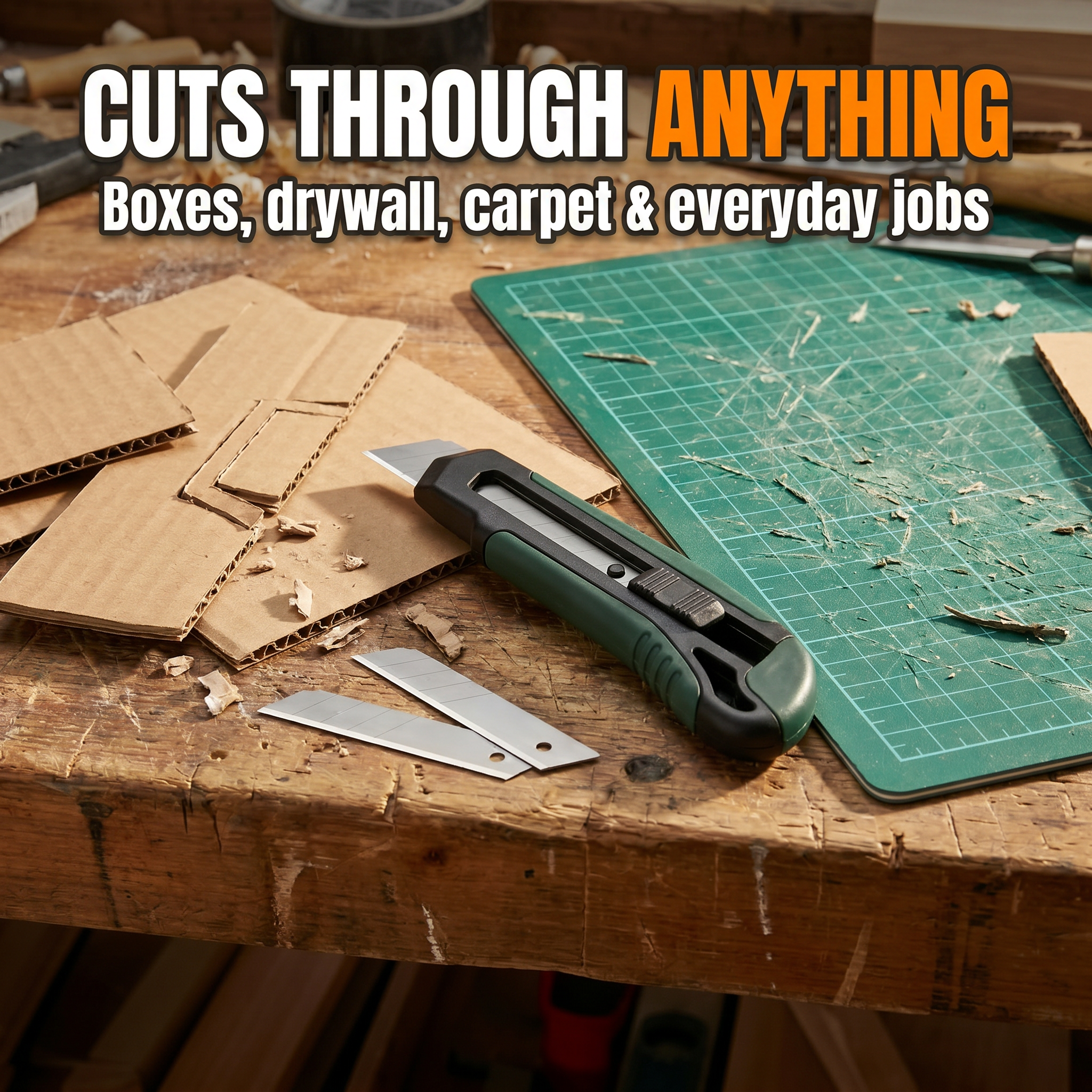 Cuts through anything: boxes, drywall, carpet and everyday jobs