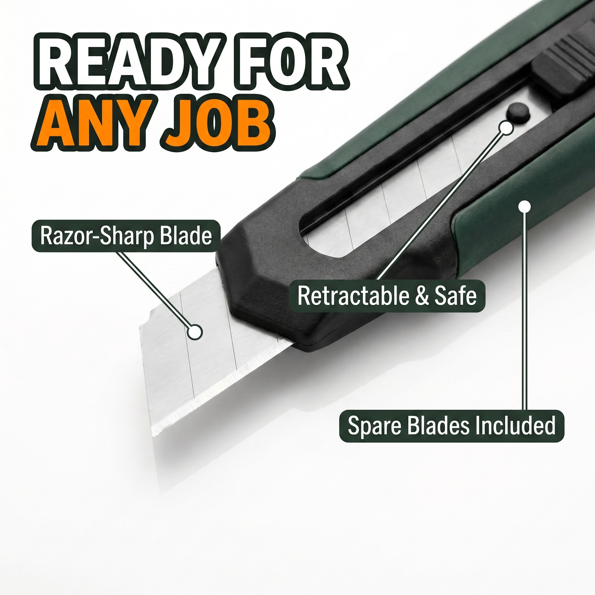 Ready for any job: razor-sharp blade, retractable and safe, spare blades included