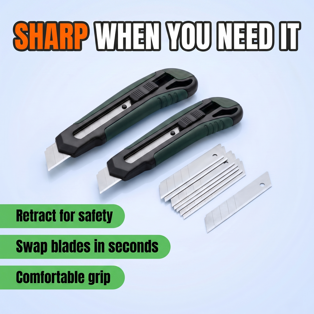 Sharp when you need it: retract for safety, swap blades in seconds, comfortable grip